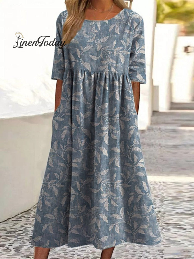 Spring Vines Pattern Printed Women's Pocket Cotton Dress