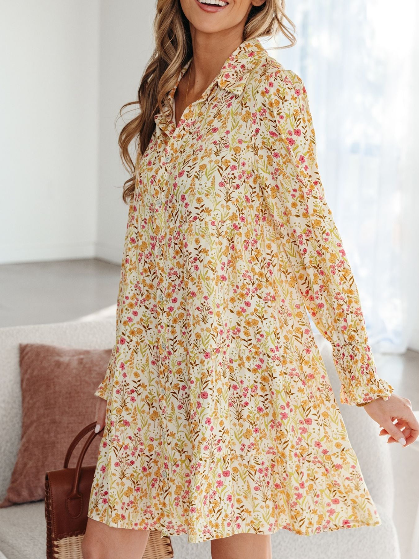 Floral Print Frilly Trim Smocked Cuff Long Sleeve Loose Shirt Dress