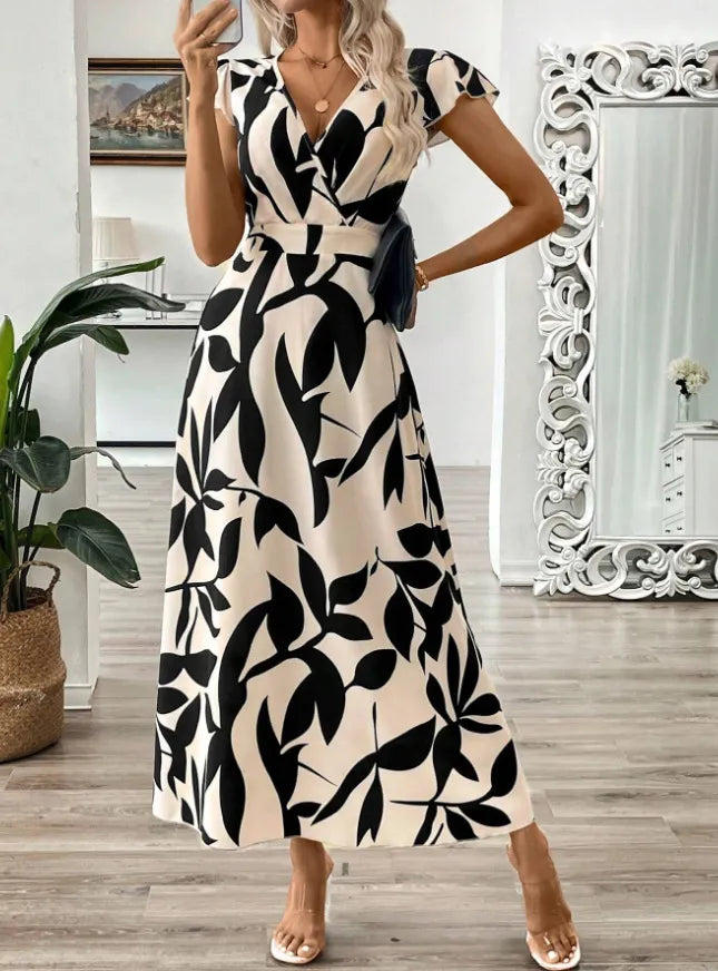 Printed Surplice Wrap Midi Dress