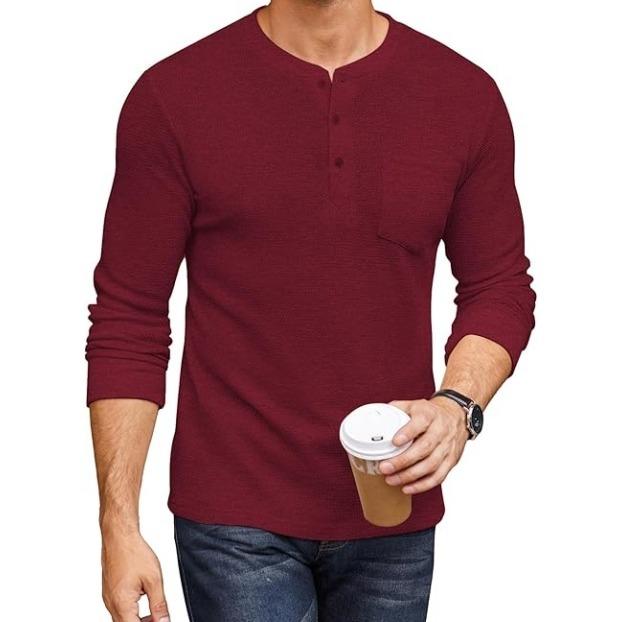 Men’s Long Sleeve Waffle Henley Shirt with Pocket
