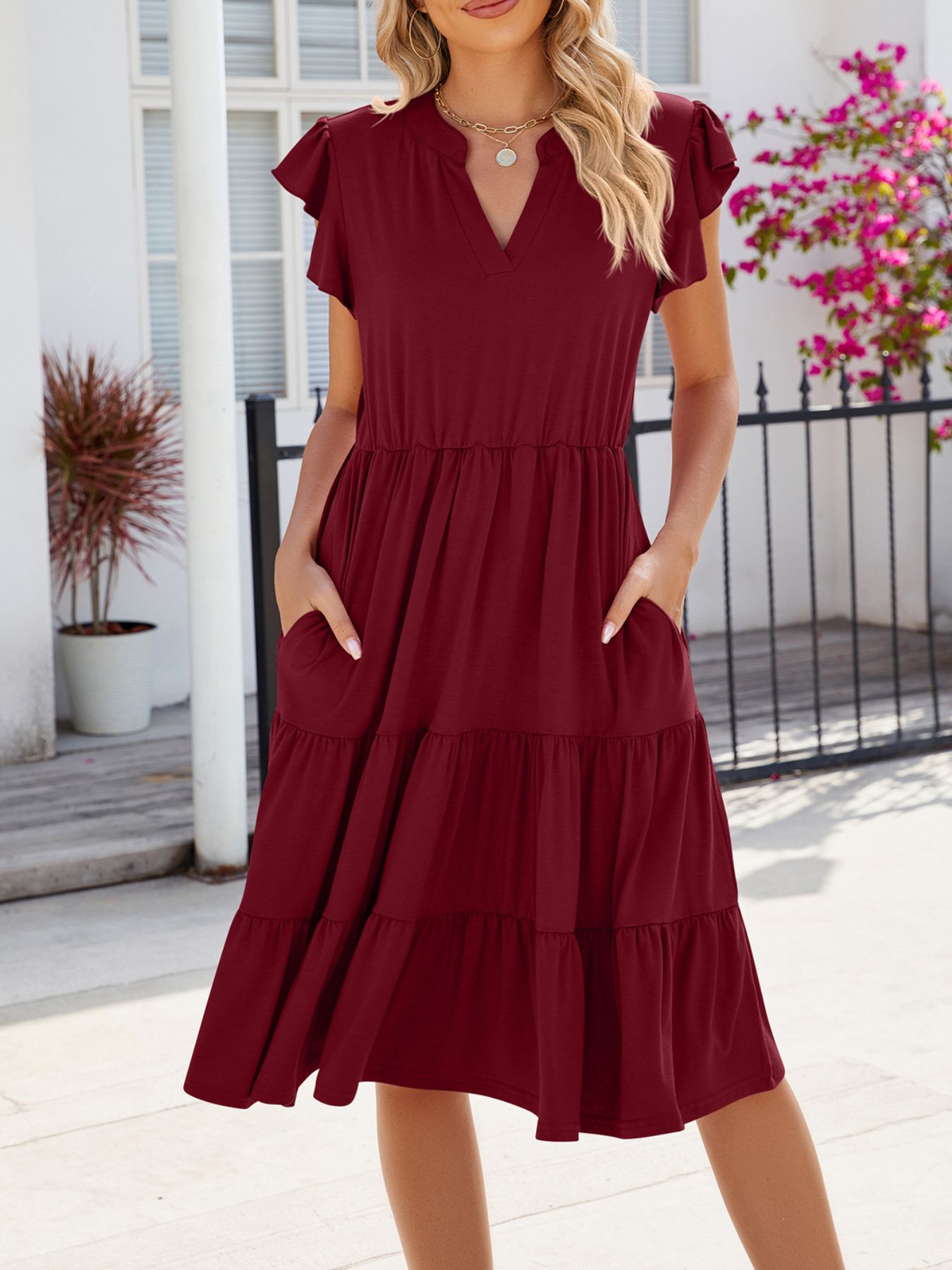 Ruffled Notched Tiered Midi Dress