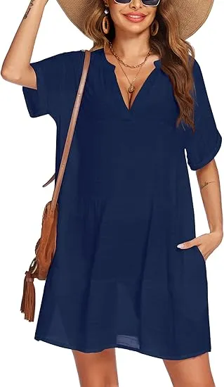 Women’s Tassel Swimsuit Cover Up Dress – V-Neck Short Sleeve Beach Cover Up Shirt