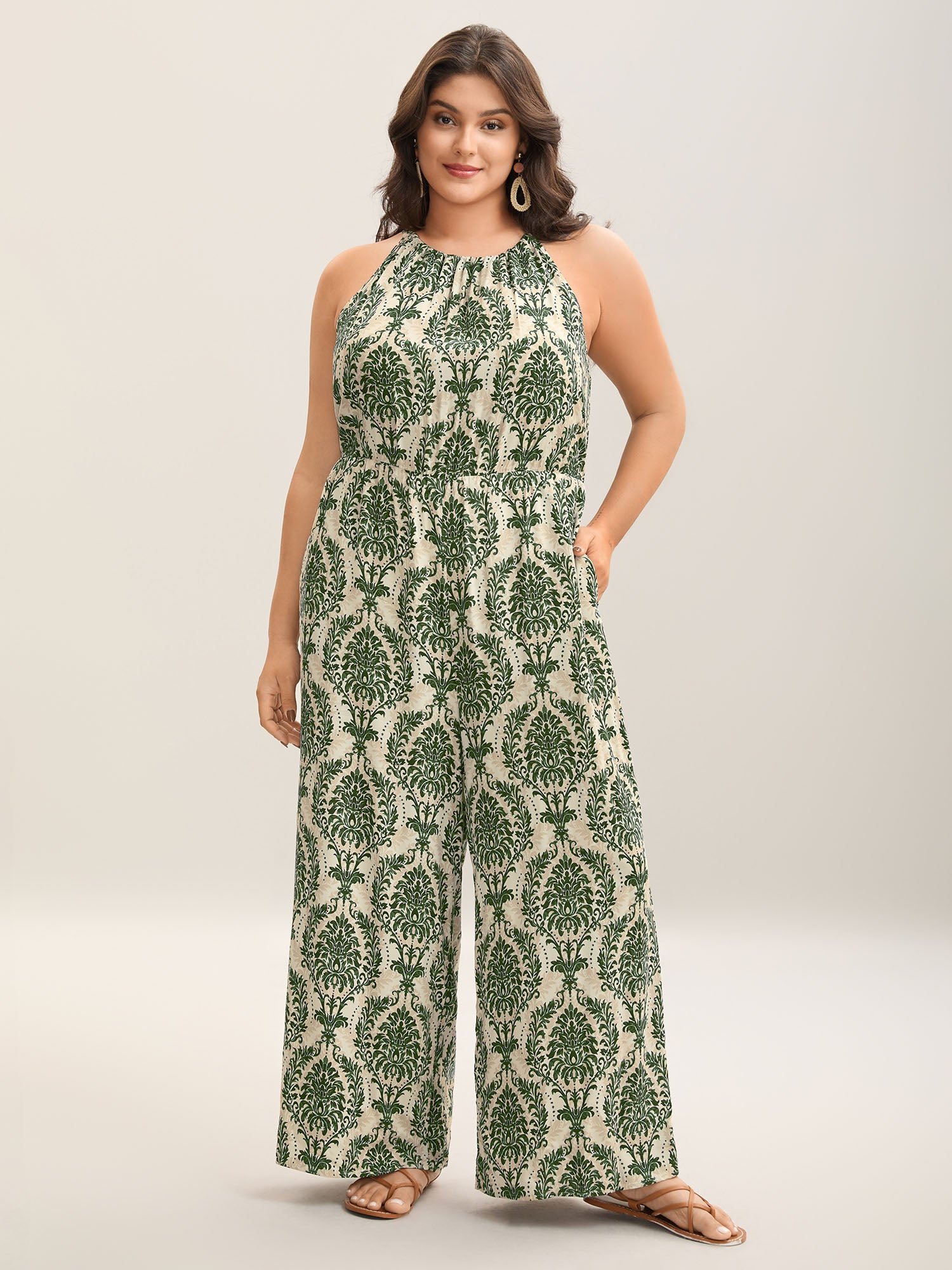 Rayon Damask Print Stretchy Waist Jumpsuit
