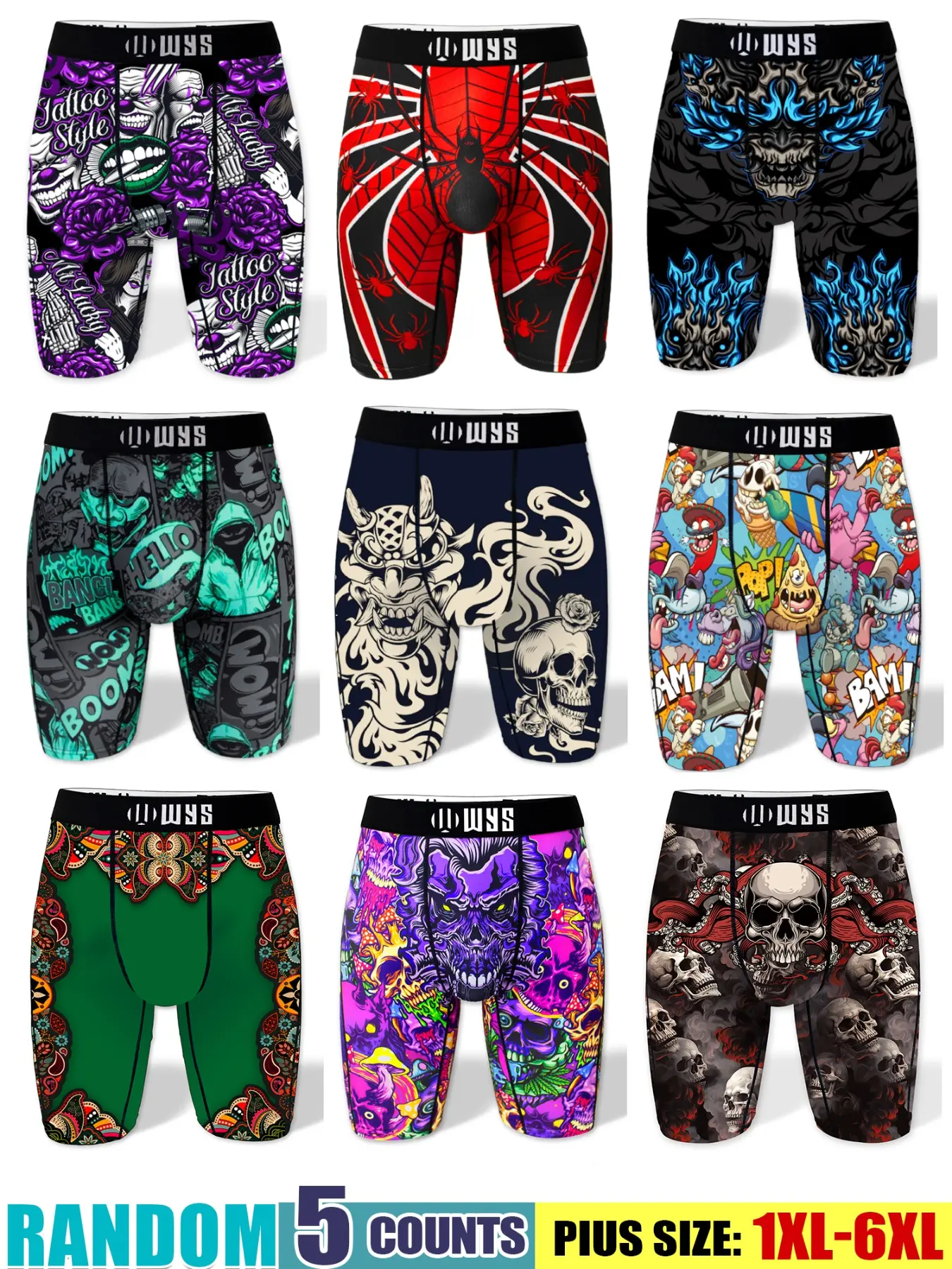 Random 5-Piece Set Plus Size Men's Long Thong Underwear, Breathable Sport Briefs, Quick-Dry