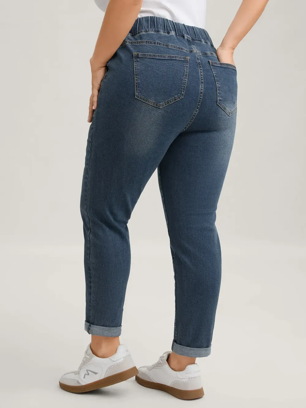 2026 Drawstring Elastic Waist Roll Hem Jeans