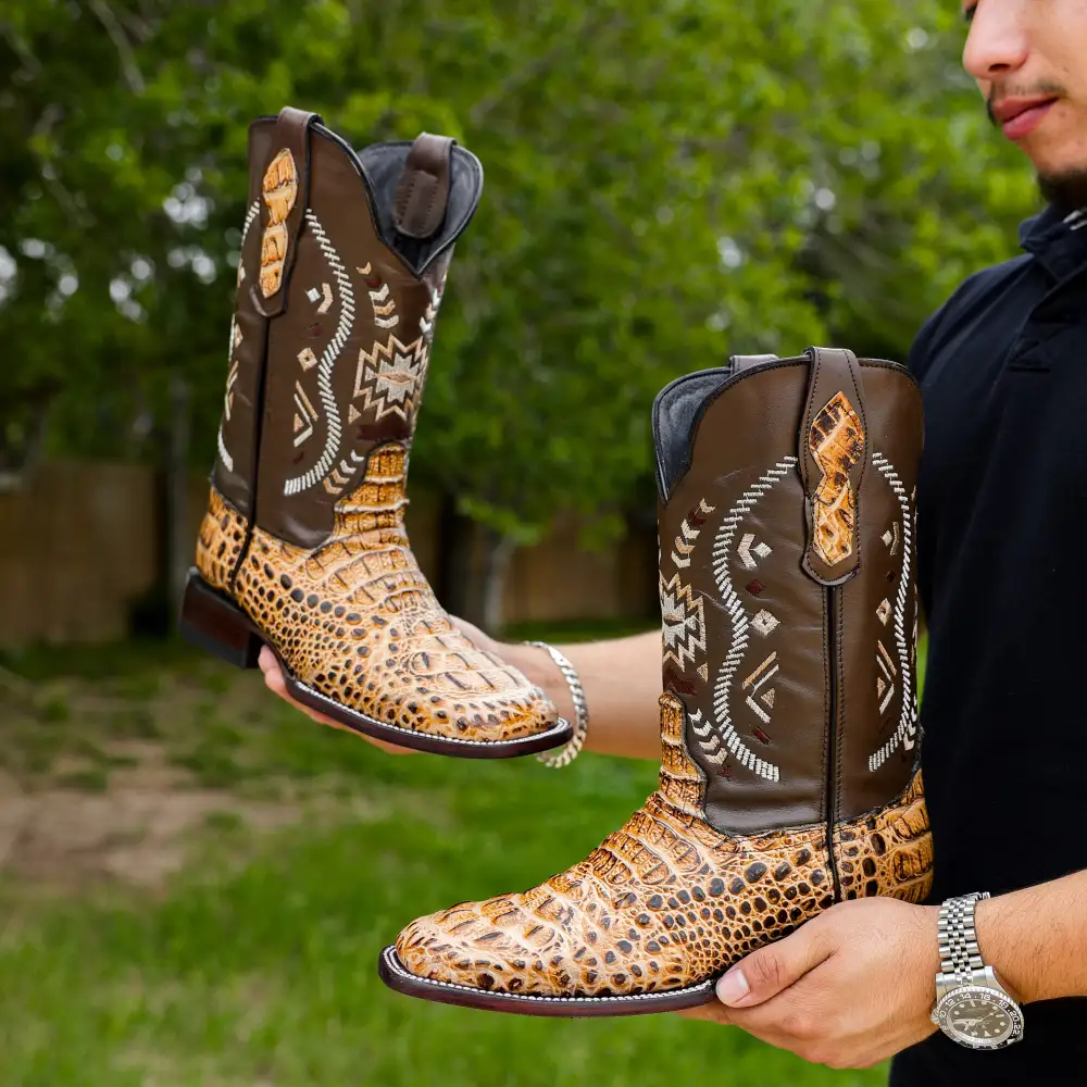 Bone Caiman Neck Leather Boots - Square Toe