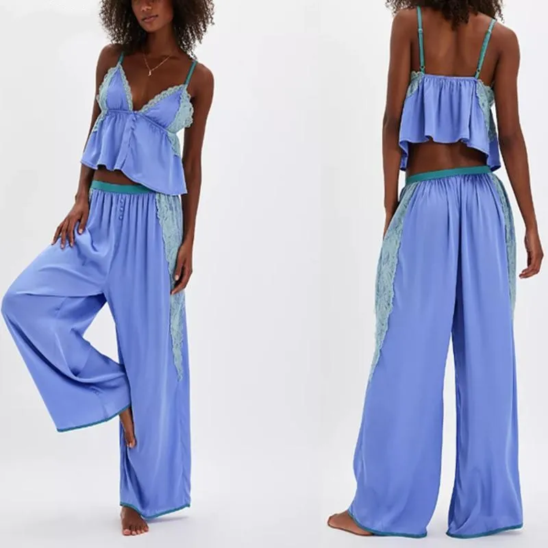 Women's Pajama Sets Lace Ruffled Cami Tops with Loose Pants