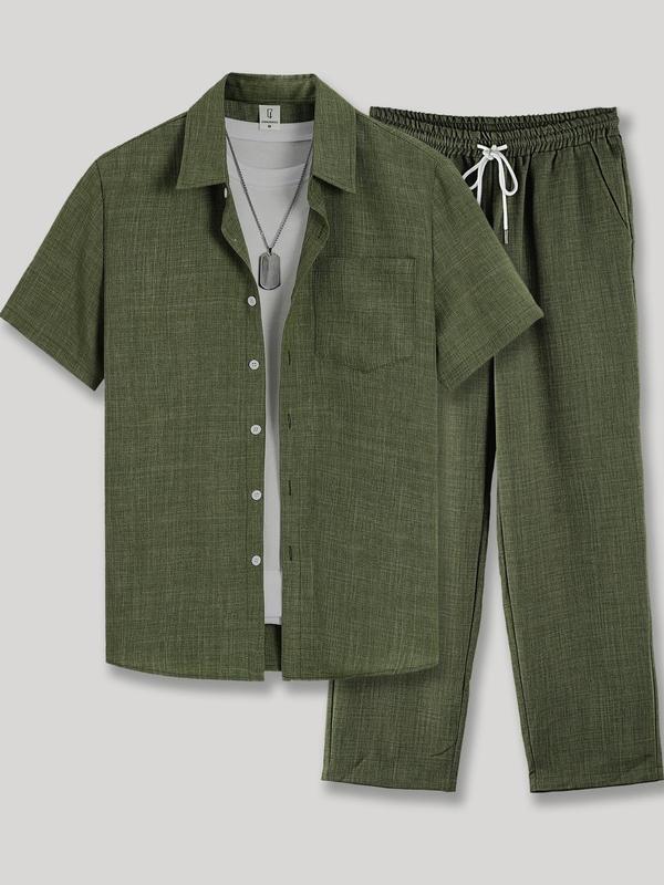 Men's Solid Button Shirt & Drawstring Waist Pants Loungewear