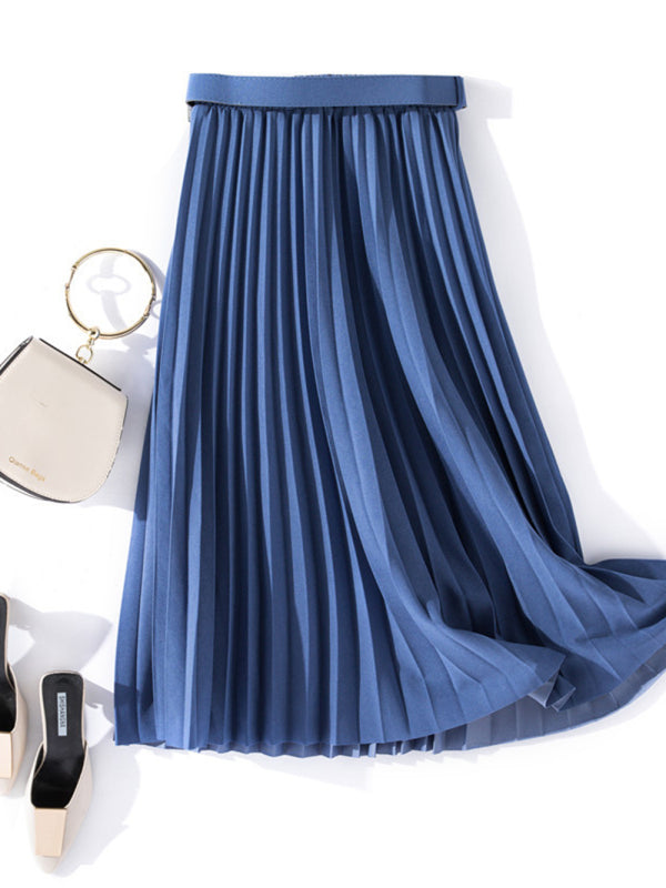 Pleated Skirt Mid-Length High Belt Versatile A-Line Skirt