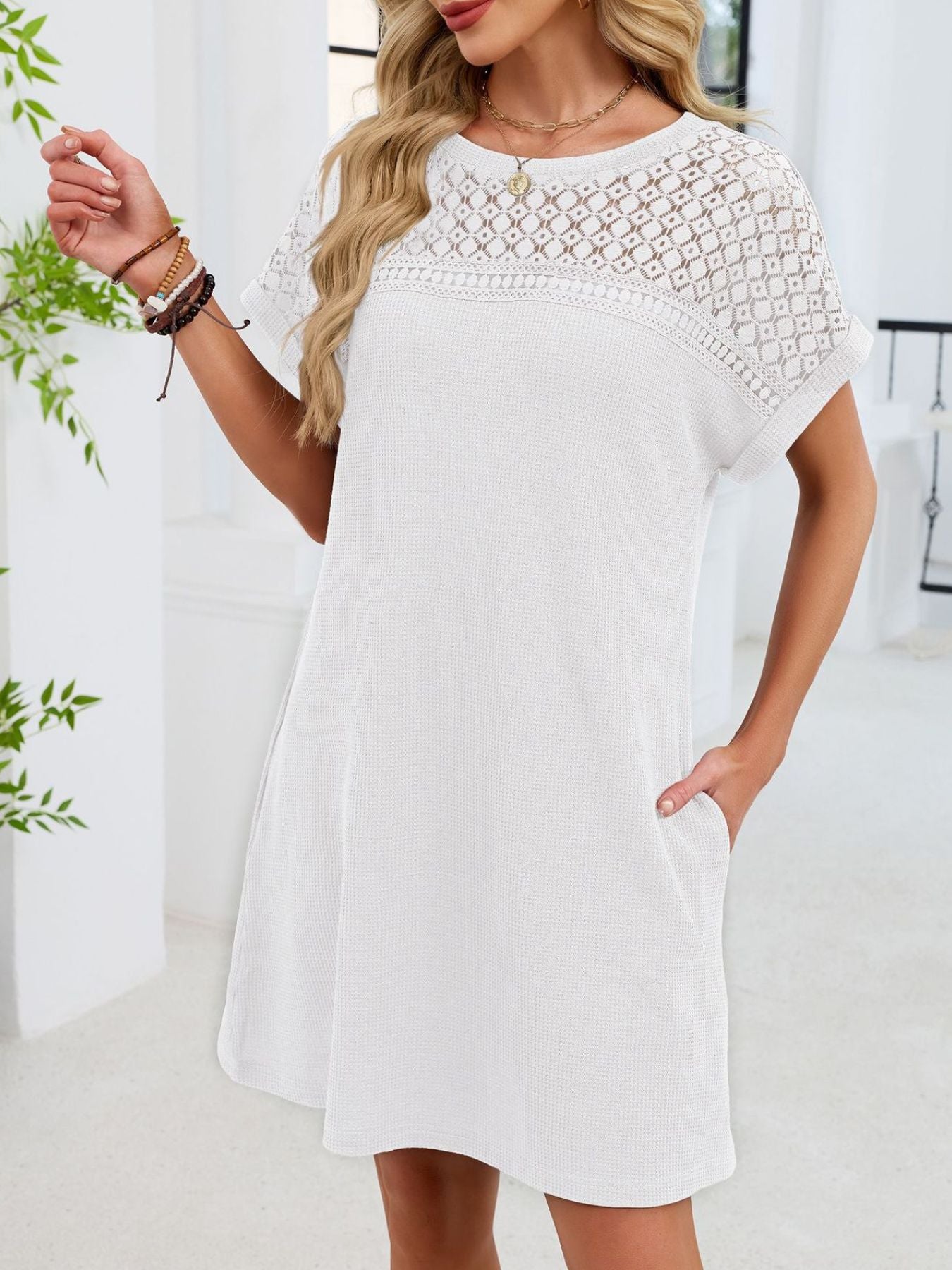 Lace Round Neck Short Sleeve T-Shirt Dress