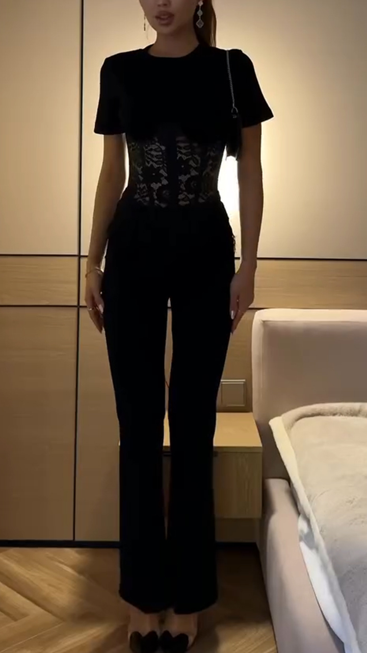 Women Round Neck Patchwork Lace Casual Top