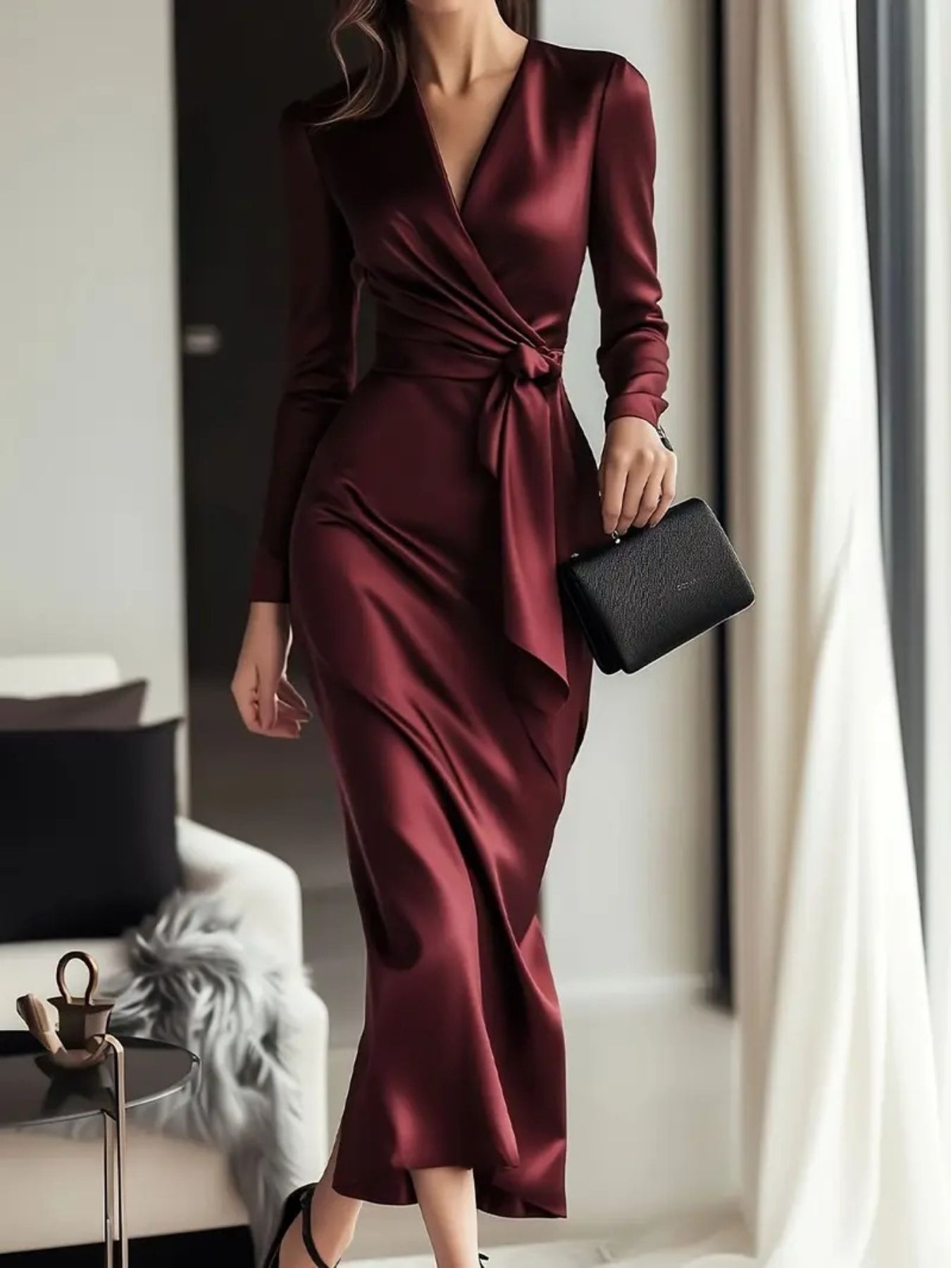 Satin Tie Waist Long Sleeve Dress