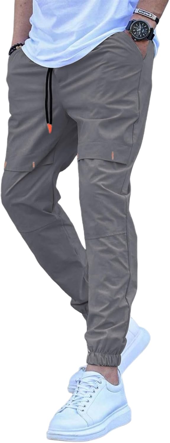 Mens Casual Basic Pants Multi-pocket Slim-fit Stretch Elastic Waist Drawstring Pants Tapered for Men