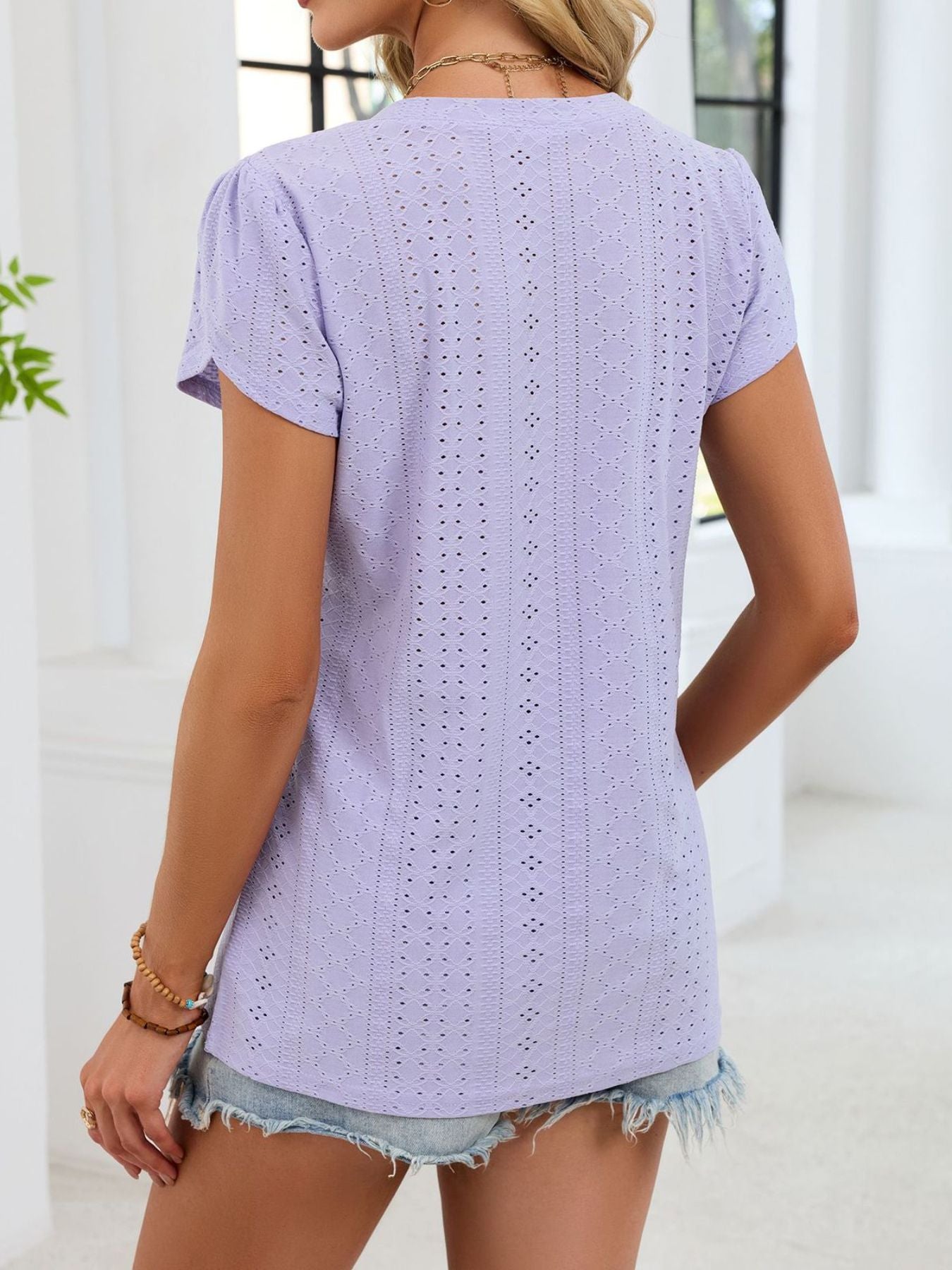 Eyelet Petal Sleeve V-Neck T-Shirt