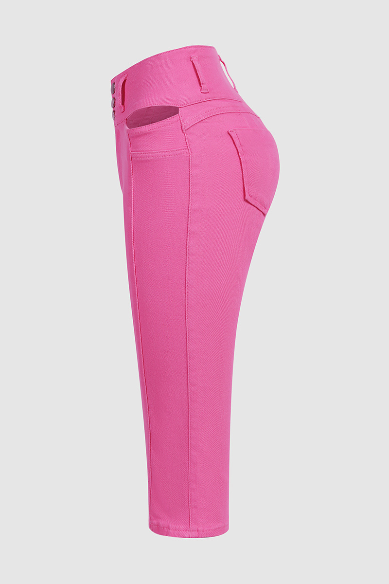 Solid Cut Out Waist Skinny High Waist Capri Jeans2