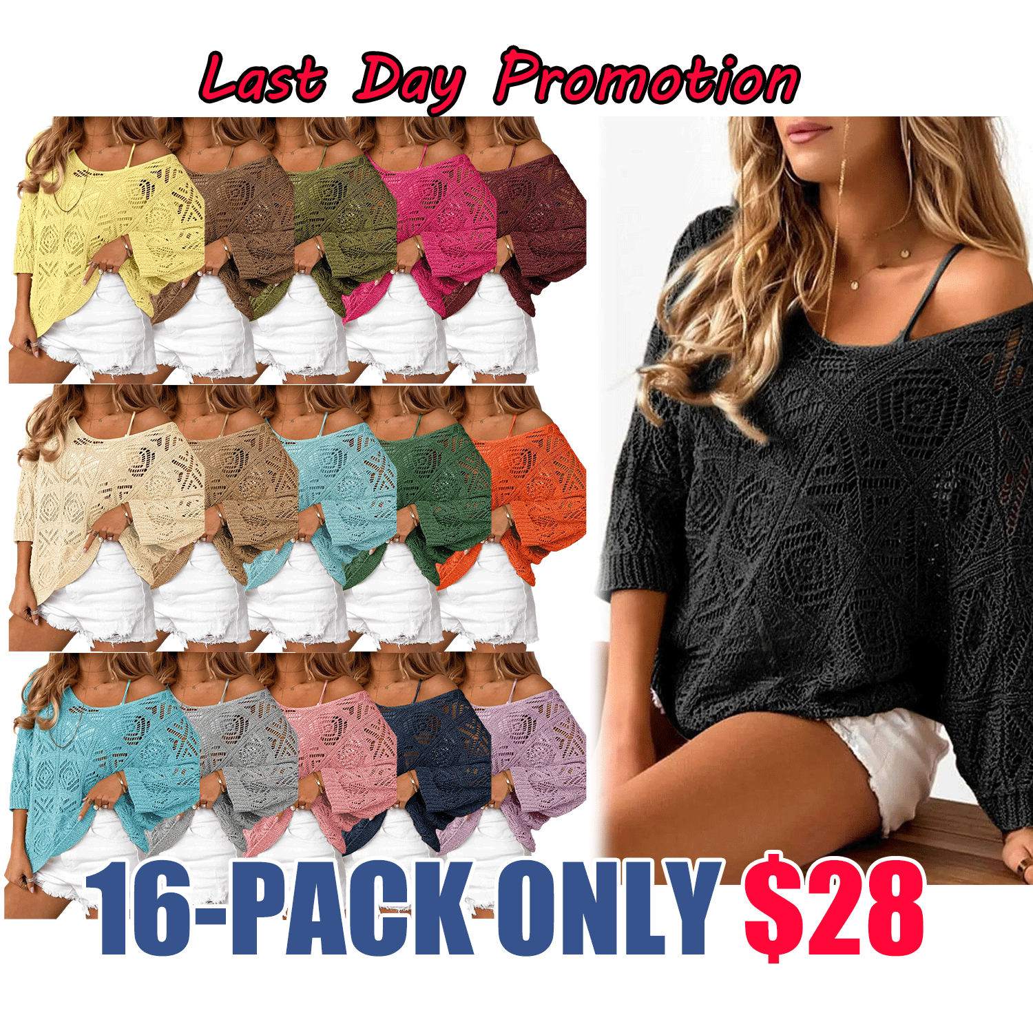 ✨ Women’s Crochet Hollow-Out Off-Shoulder Top – Lightweight 3/4 Sleeve Summer Sweater
