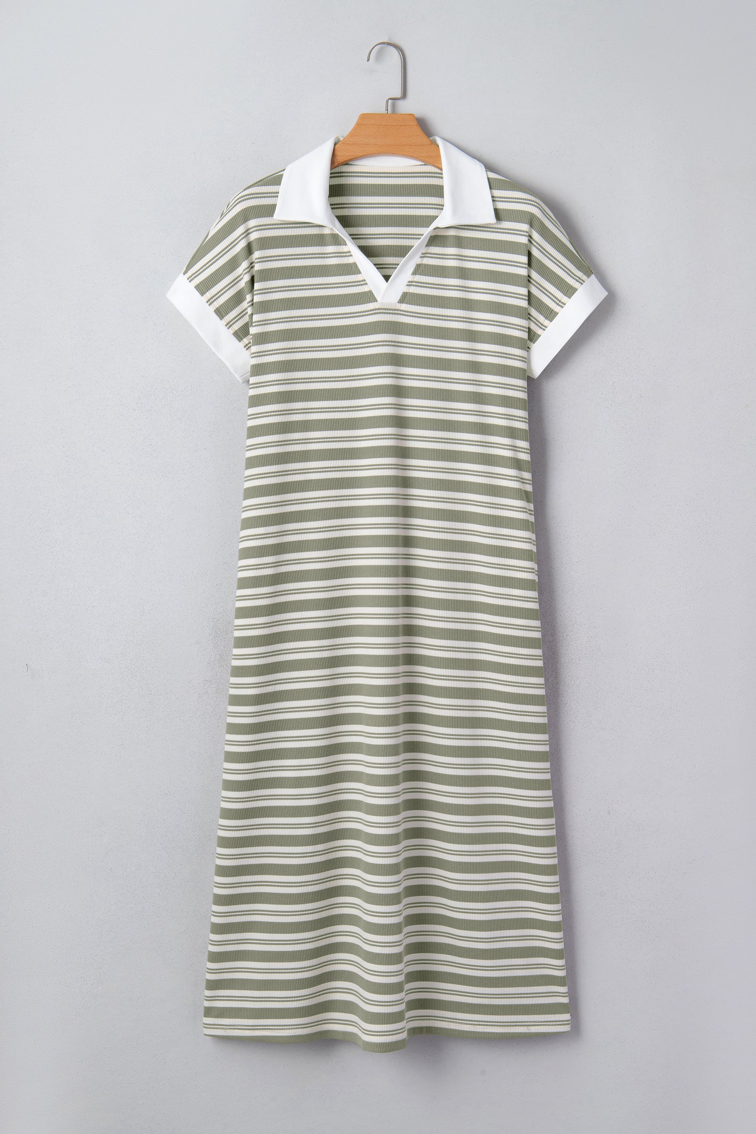 Green Stripe Collared V Neck Short Sleeve T Shirt Midi Dress with Pockets