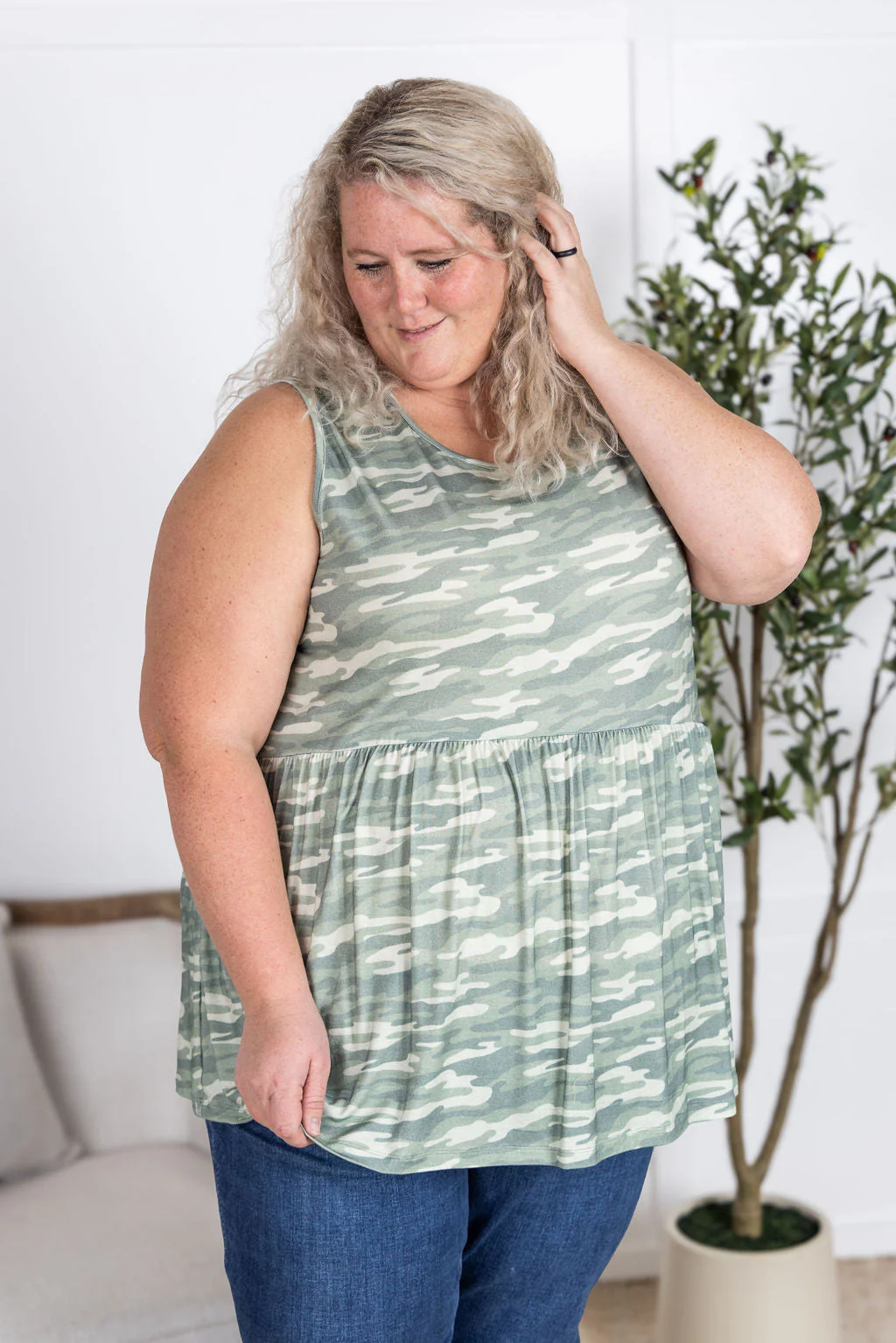 Renee Ruffle Tank Top in Camo