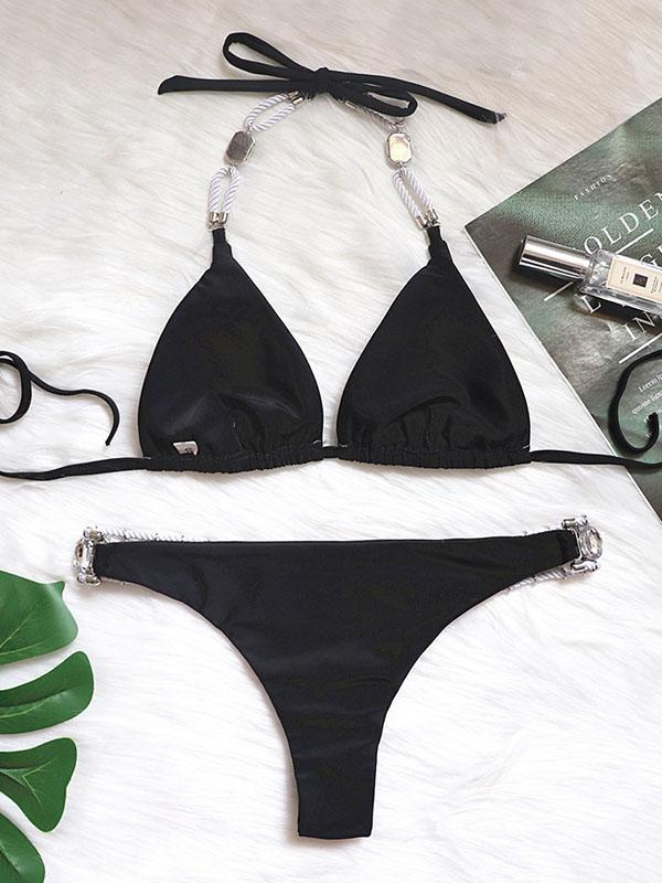 Gorgeous Embellished Triangles Bandage Split Bikini Swimsuit