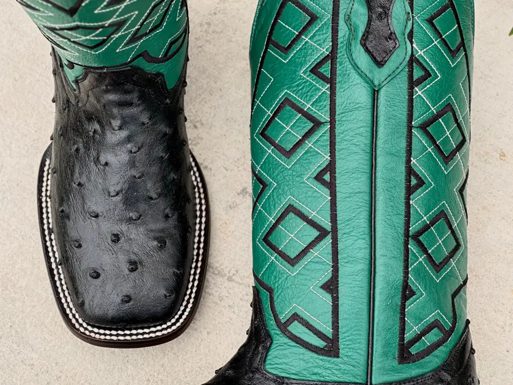 Men’s Black Ostrich Leather Boots With Green Shaft