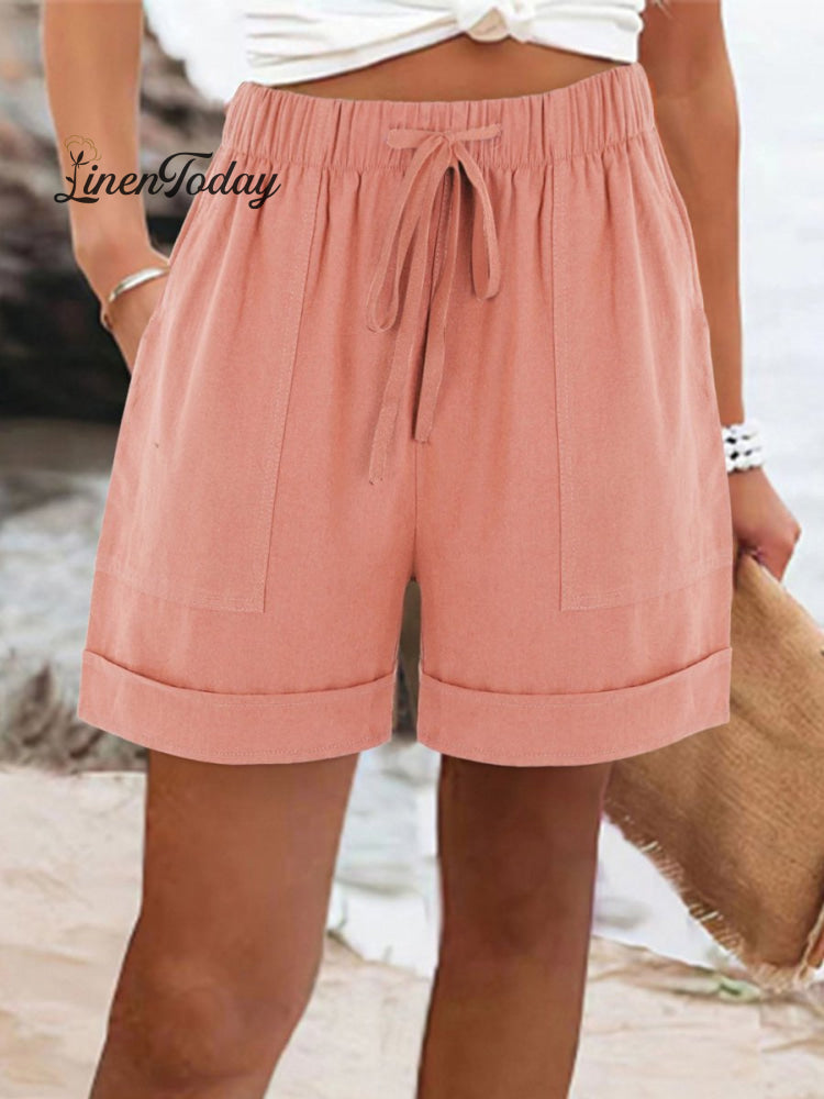 Women's Summer Casual Solid Color Drawstring Shorts With Pockets