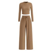 2-Piece Ribbed Knit Long Sleeve Crop Top Wide Leg Pants Matching Lounge Set Loungewear