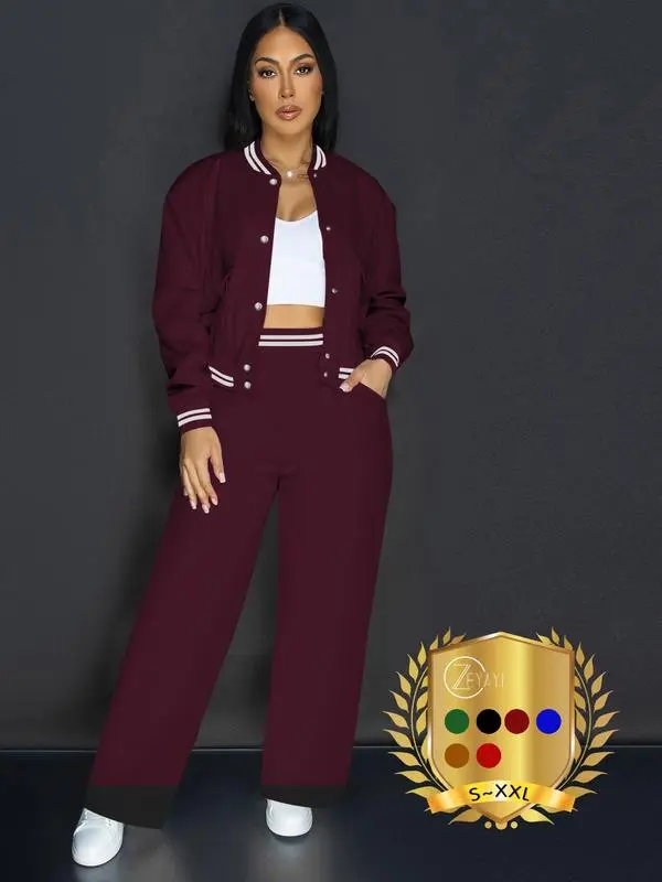 Women’s Solid Color 2-Piece Athletic Set – Baseball Jacket & Pocket Pants