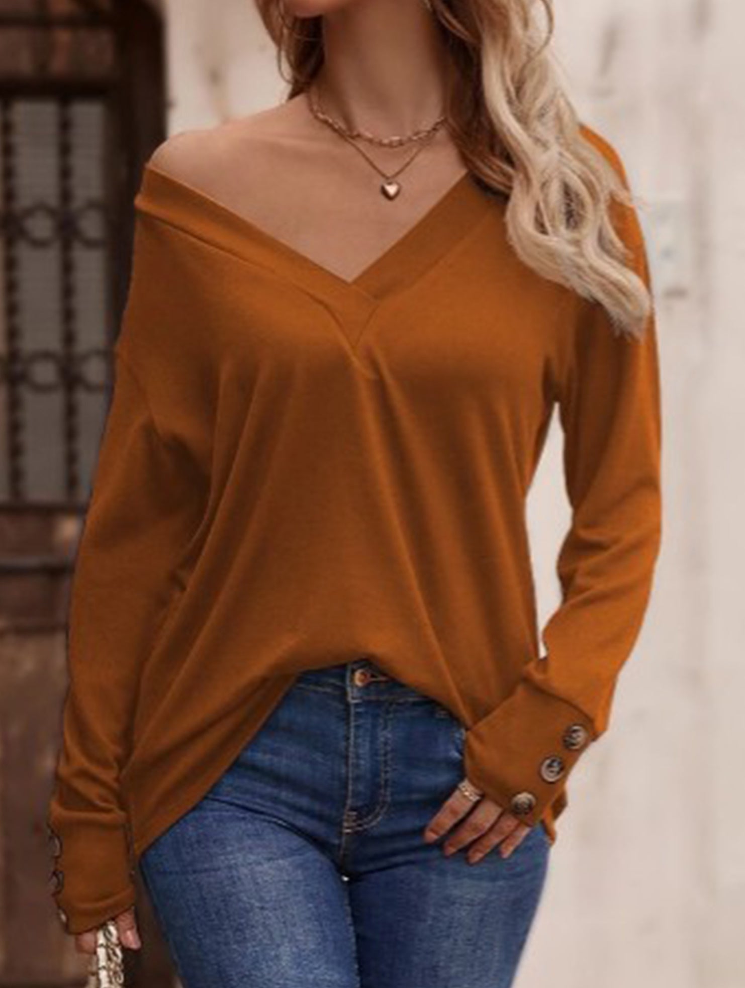 Solid V Neck Button Loose Long Sleeve Tee_CWTTL01231