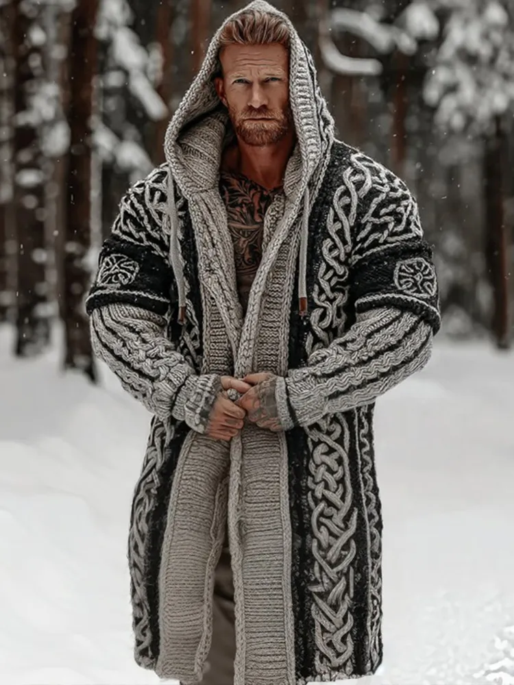 Vintage Viking Celtic Knot Knit Hooded Cardigan Sweater