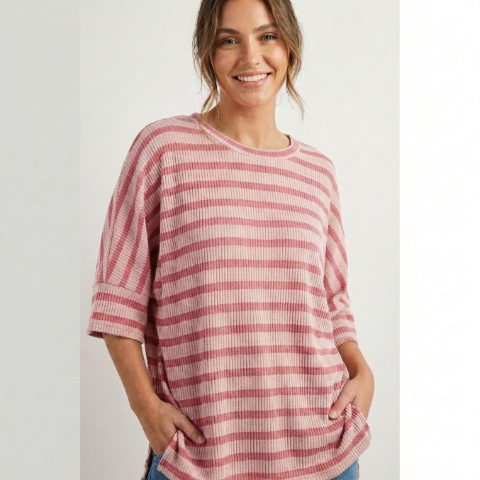 Women's Ribbed Striped 3/4 Sleeve Top – Easy Fit Everyday Essential