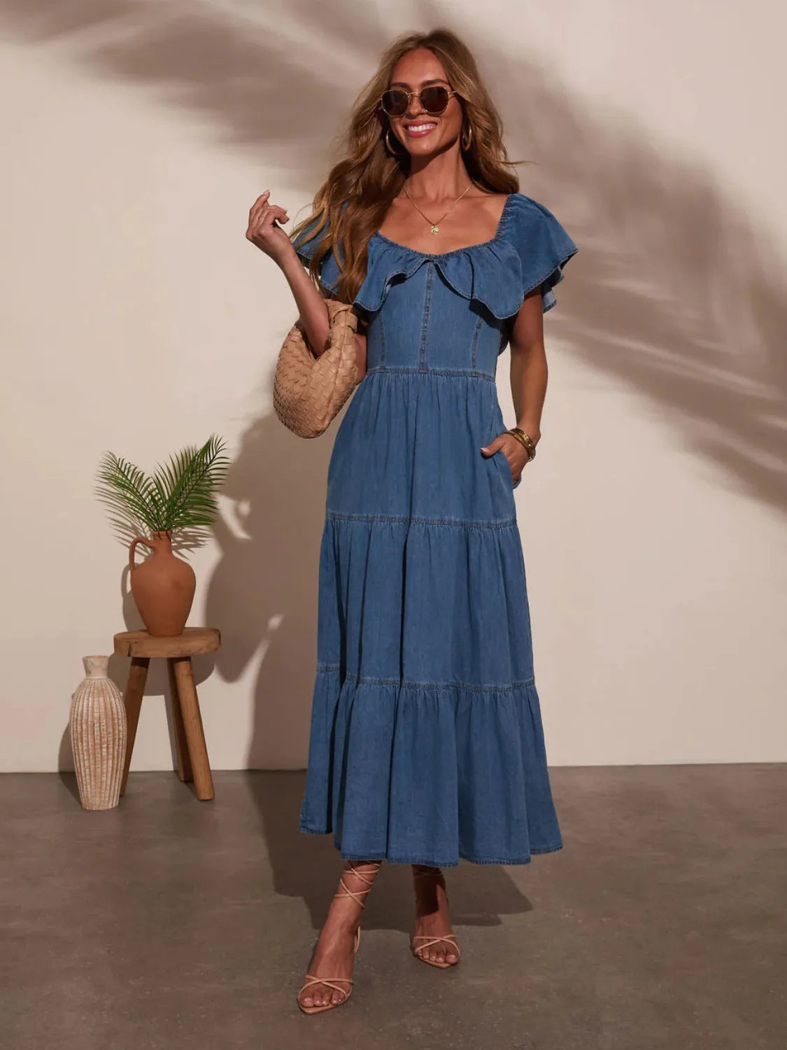 Off Shoulder Ruffle Tiered Denim Midi Dress