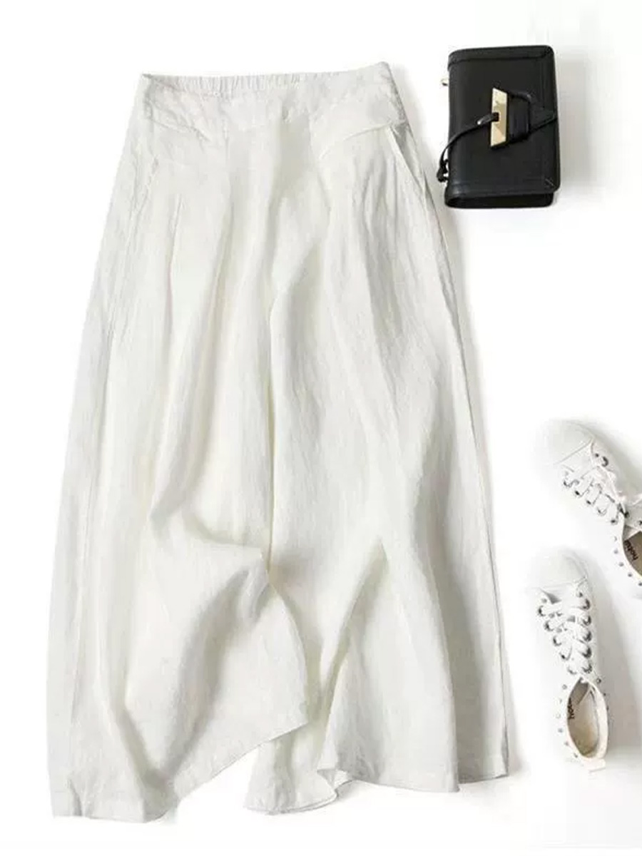 Women's Solid Color Semi-elastic High Waist Casual Pockets Cotton and Linen Wide Leg Pants
