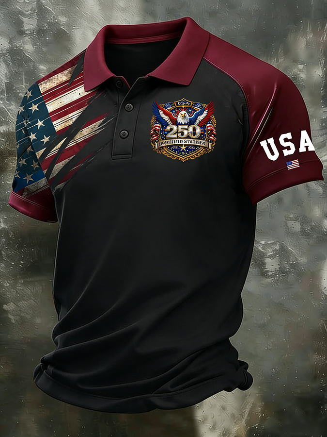Men'S Retro 250Th Anniversary Celebration Of The Founding Of The United States, Raglan Collar Polo Shirt