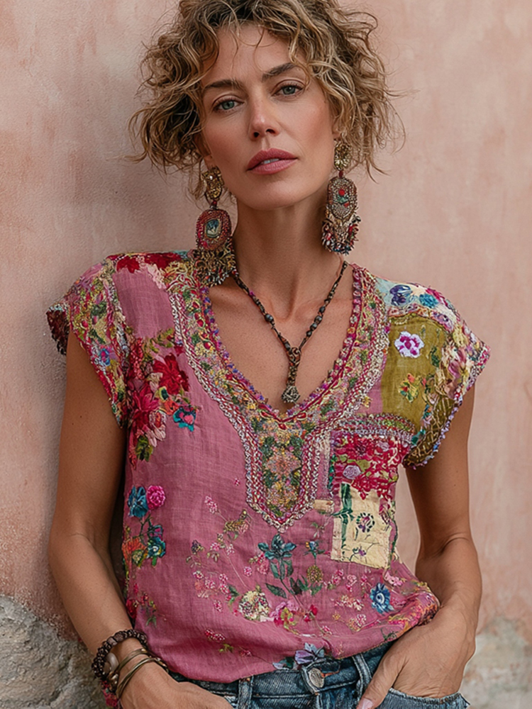 Women's Bohemian Floral Embroidery Art V-neck Short Sleeve T-shirt