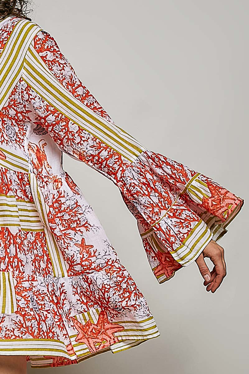 Pintuck Detail Striped Floral Long Sleeve Mini Dress