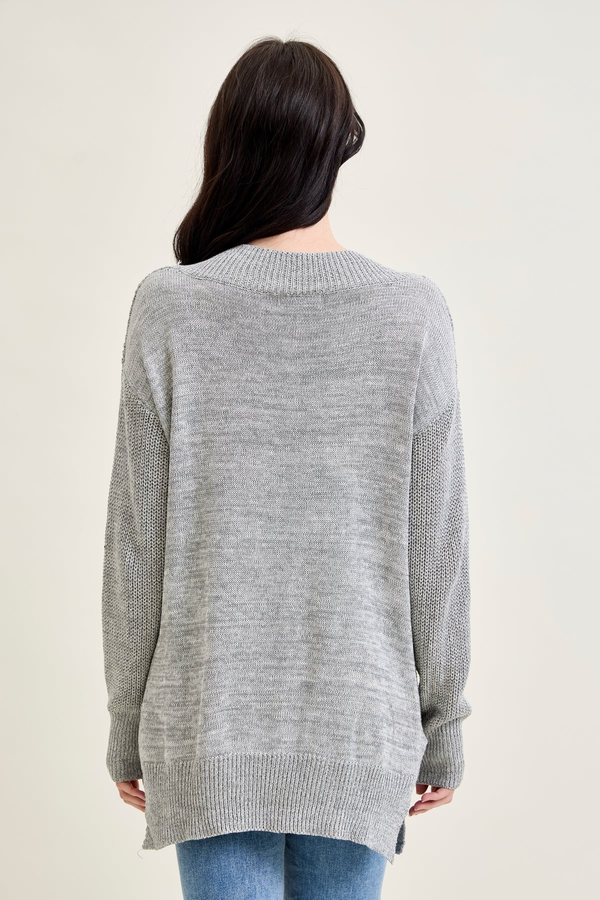 Slouchy V-Neck Off Shoulder Grey Sweater