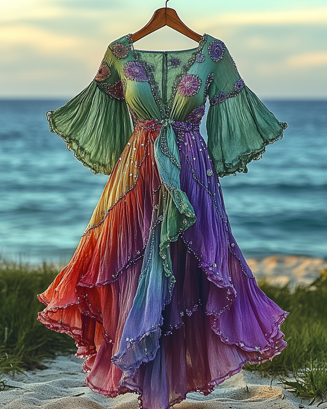 Summer Vacation Floral Embroidery Sequins Beaded Ruffle Dress 94fa