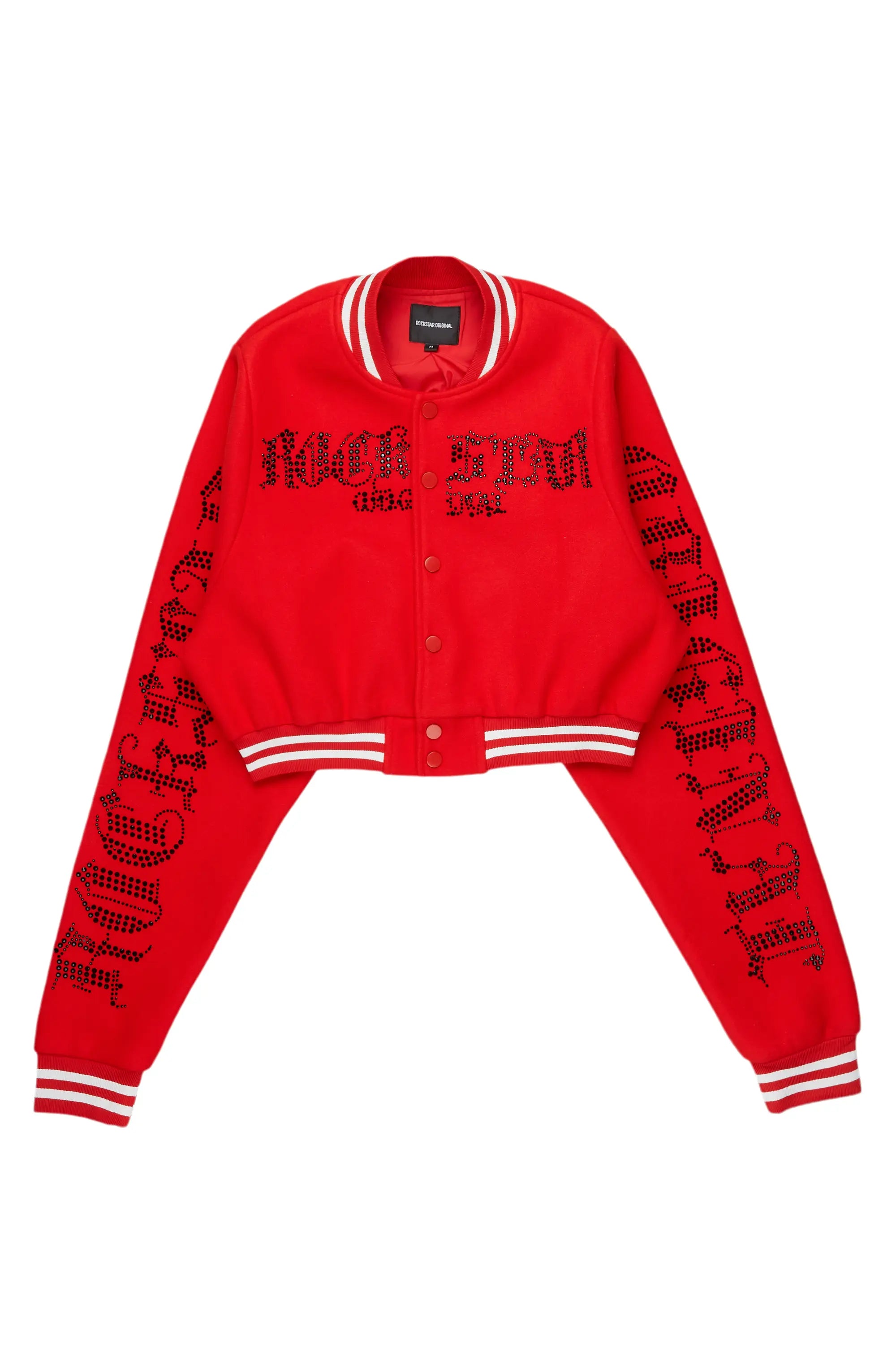 Gianni Red Crop Rhinestone Varsity Jacket