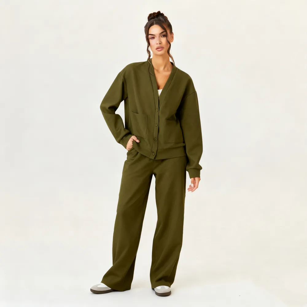 Women's Slouchy Solid Color V Neck Long Sleeve  & Drawstring Waist Trousers Co-ord