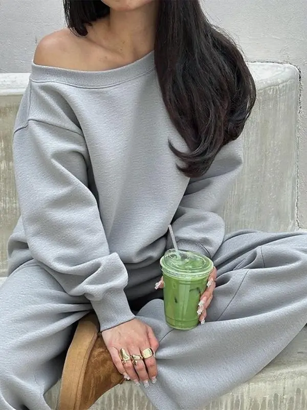 Women Off the Shoulder Long Sleeve Jumper & Pants 2 Piece Set