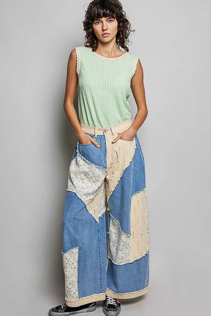 POL Ribbed Round Neck Tank with Lace Trim