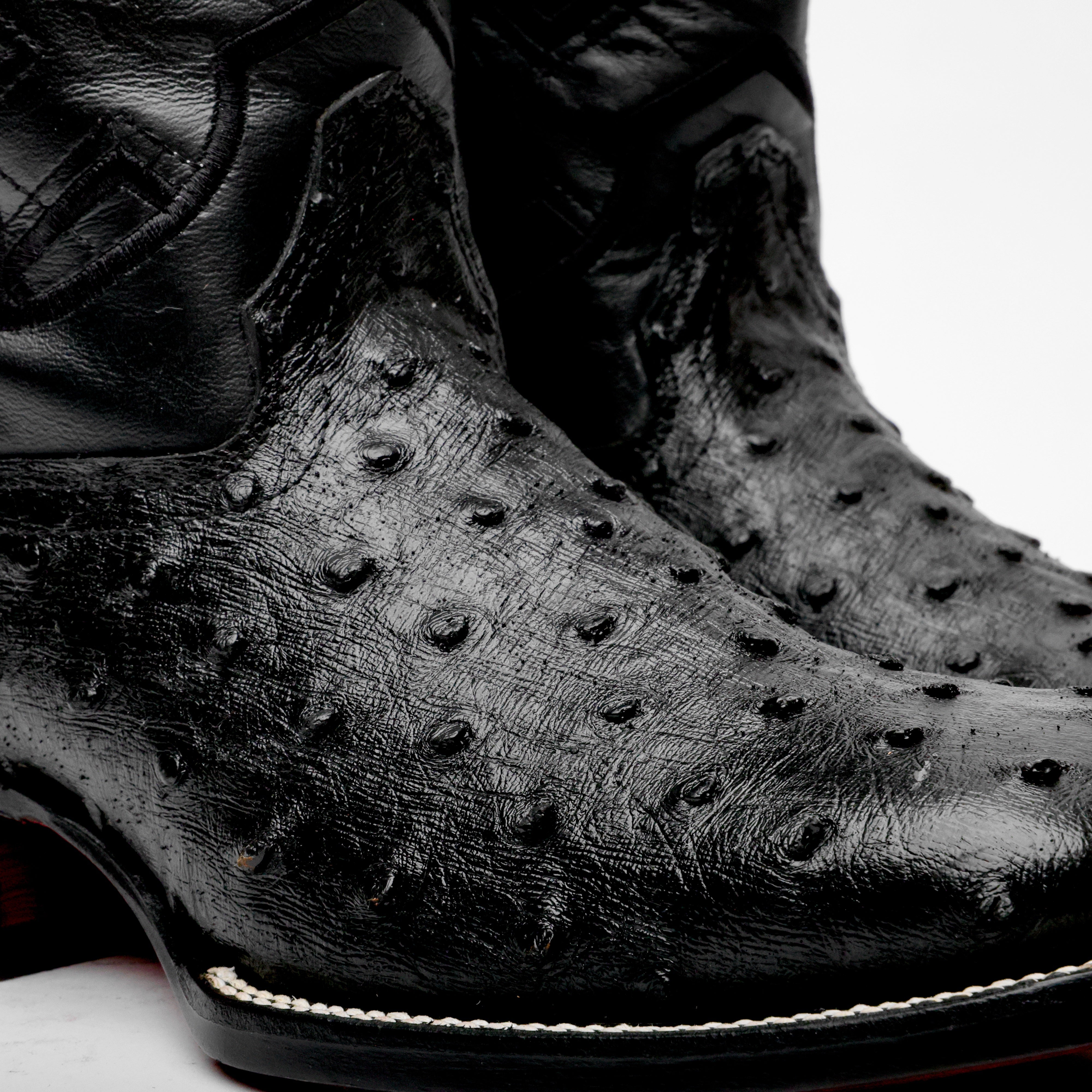 Black Ostrich Leather Boots - Square Toe
