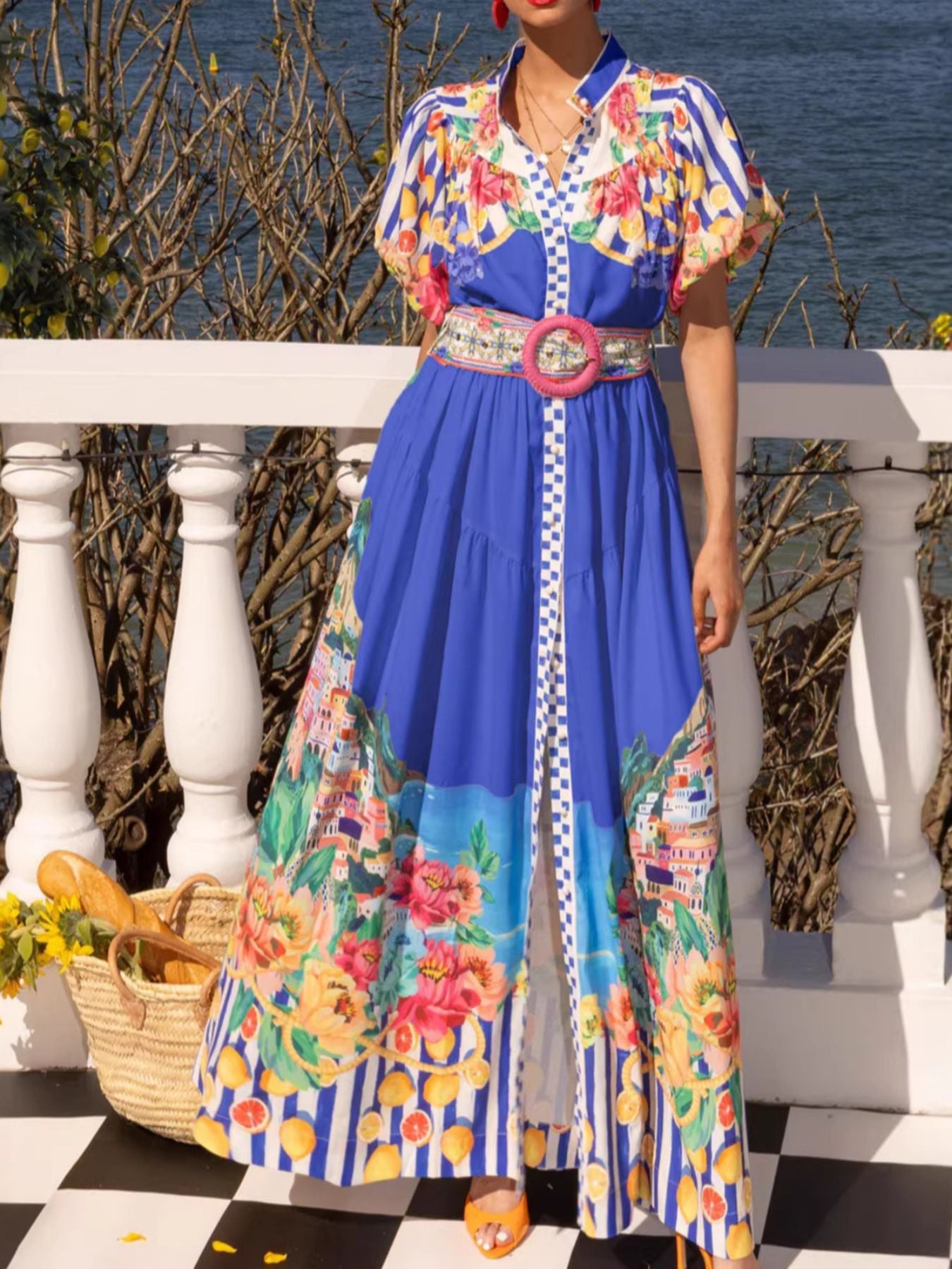 Printed Button Front Puff Sleeve Maxi Dress