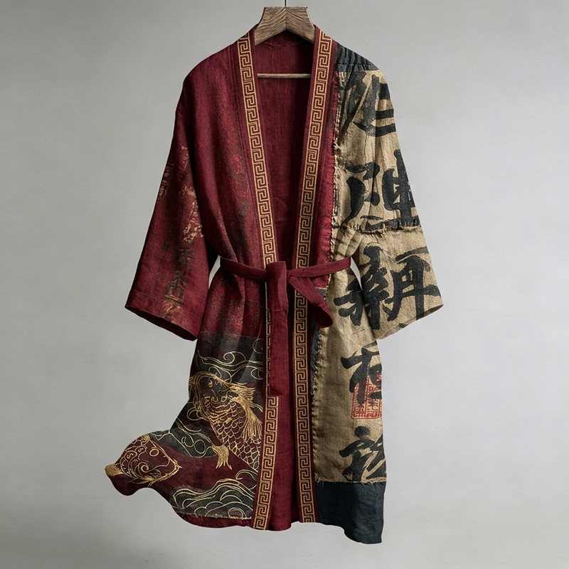 Japanese Calligraphy And Fish Art Combined With Linen Blend Kimono