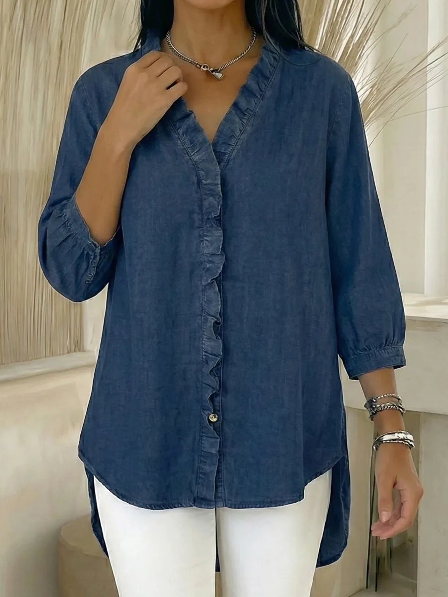 Women's Casual Denim V-Neck Ruffled Shirt