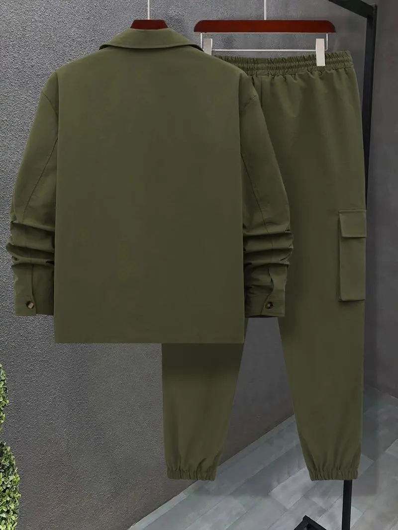 Men's Casual Solid 2-Piece Shirt & Pants Set (Long Sleeve, Spring & Fall)