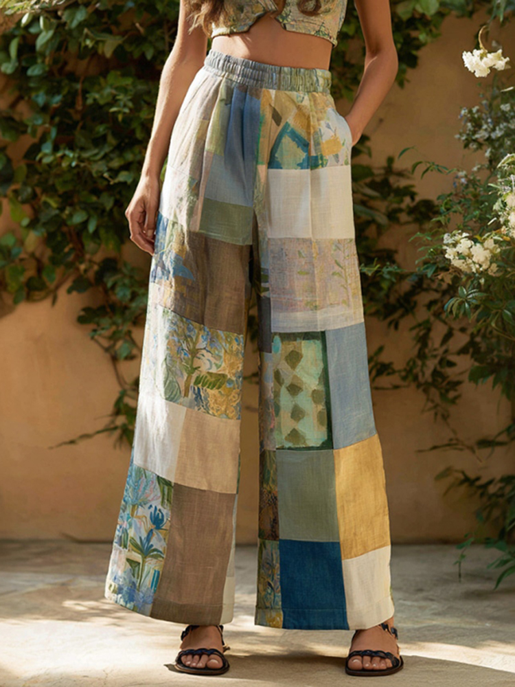 Women's Retro Bohemian Floral Patchwork Linen Trousers