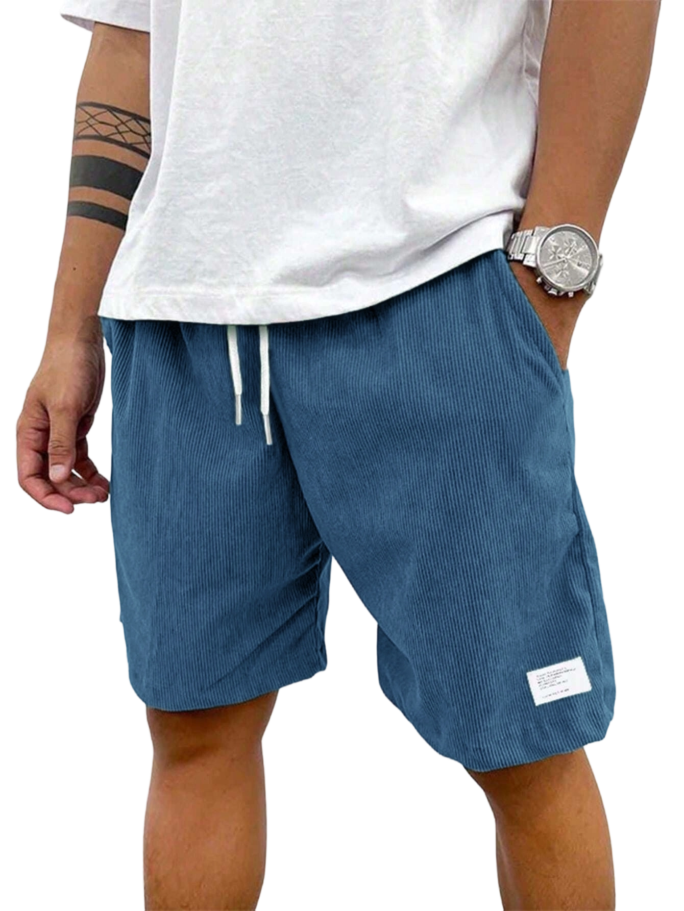 Men's Solid Patched Drawstring Waist Shorts