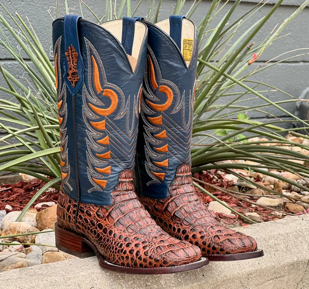 Mens Cognac Crocodile Leather Boots With Blue Shaft