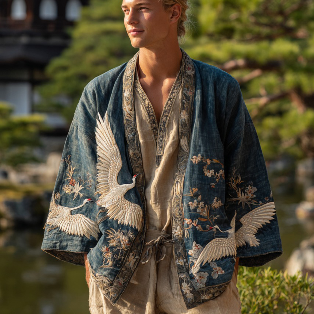 Japanese Cranes With Floral Art Linen Blend Kimono Cardigan